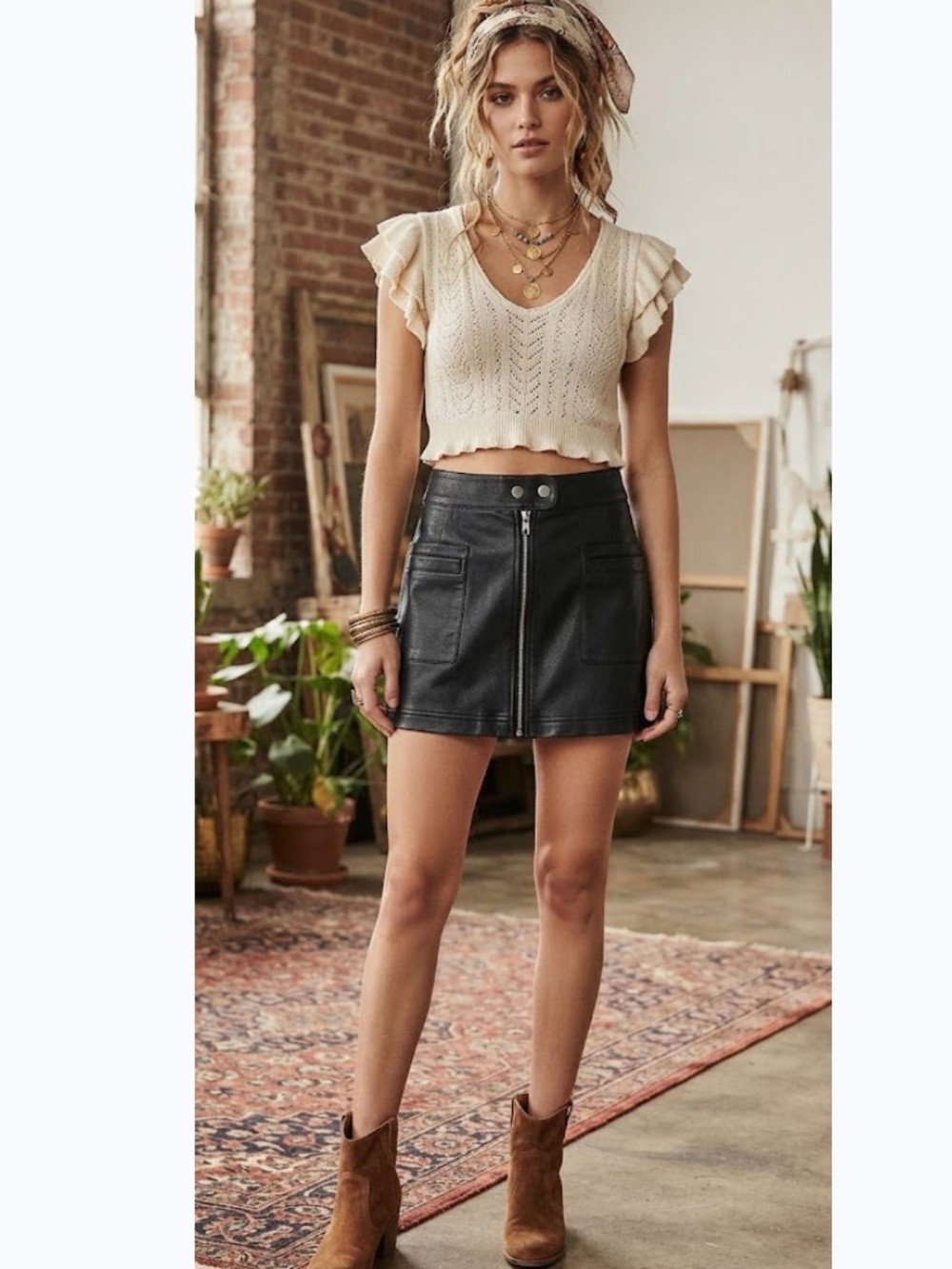 Free People Black Faux Leather Moto Mini Skirt Size 12 Vegan Zip Front